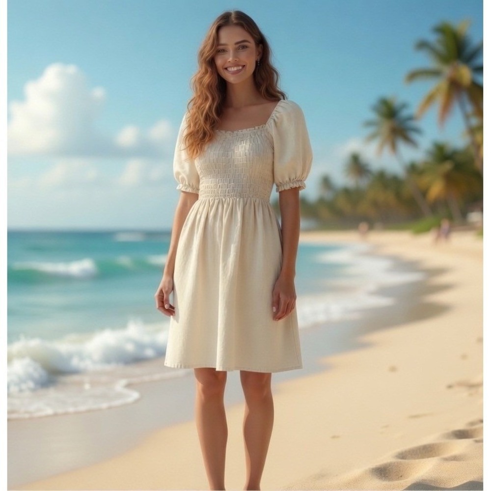 Bellambra Linen Smock Dress Women L Cream PuffSleeve Italy Milkmaid Boho Cottage